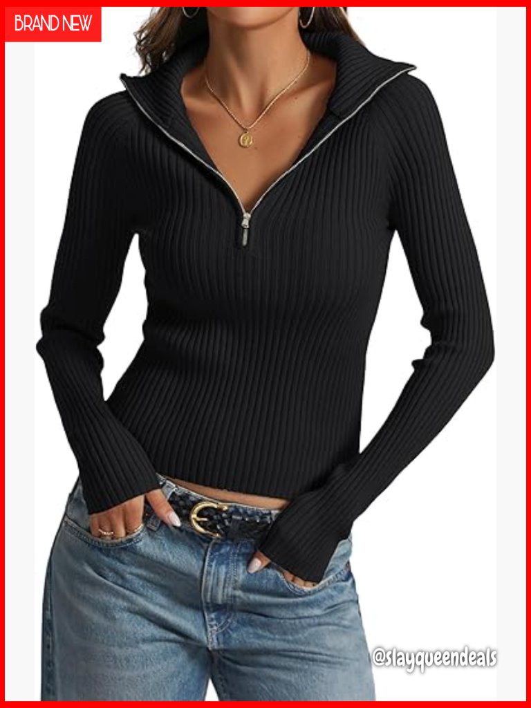 Half Zip V Neck Pullover Sweater Ribbed Knit Long Sleeve Crop Top